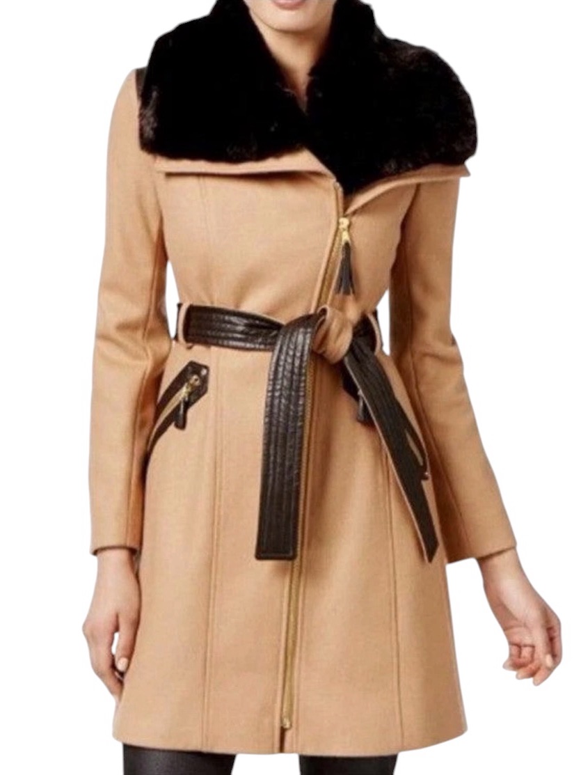 Via Spiga Camel Wool Blend Coat Faux Fur Collar Belted Zip Front Size 14